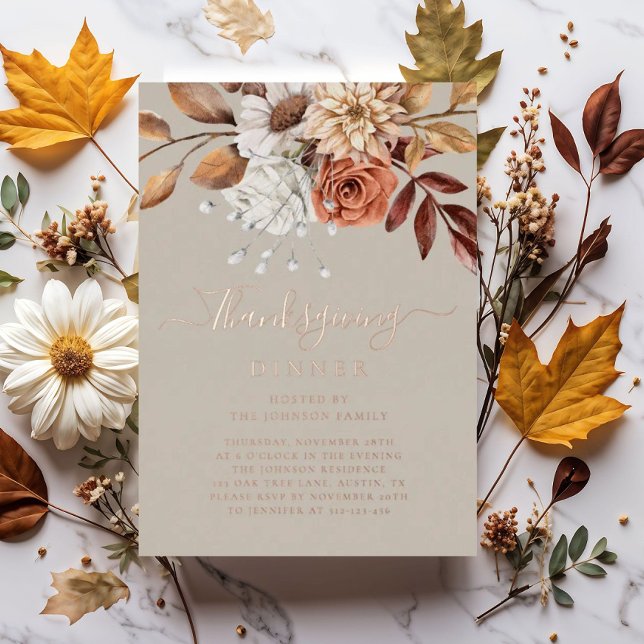 Invitation En Aluminium Elégant Taupe Automne Floral Thanksgiving Diner Or (Elegant Taupe Fall Floral Thanksgiving Dinner Gold Foil Invitation)