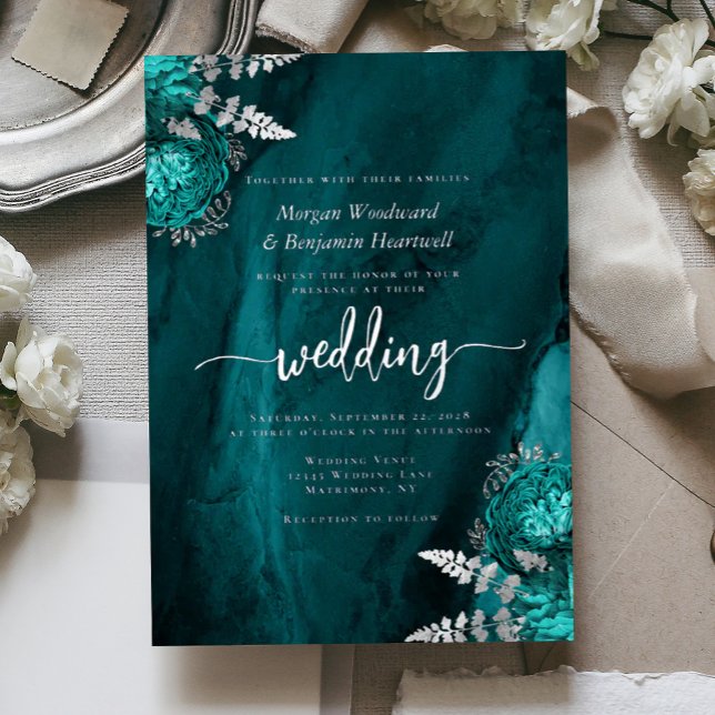 Invitation En Aluminium Elegant Teal Blue Silver Floral Wedding (Créateur téléchargé)