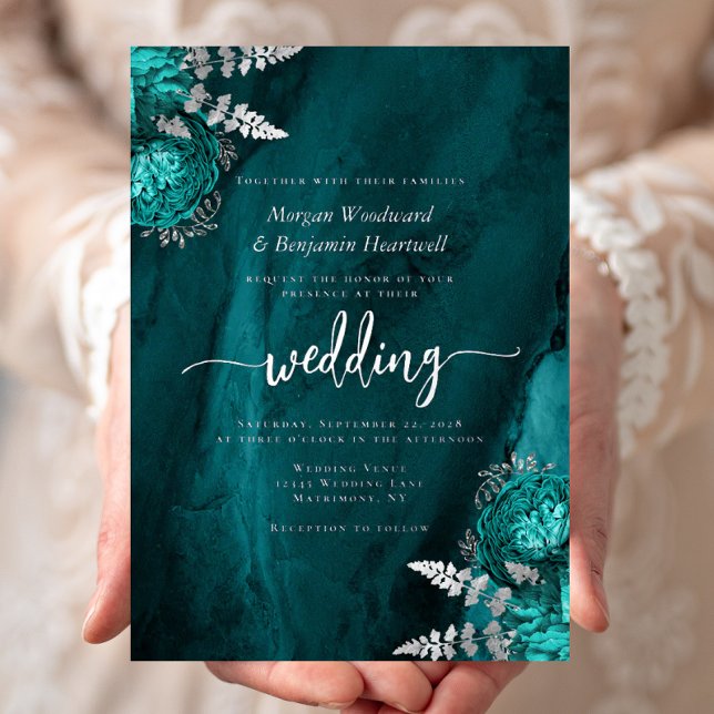 Invitation En Aluminium Elegant Teal Blue Silver Floral Wedding (Créateur téléchargé)