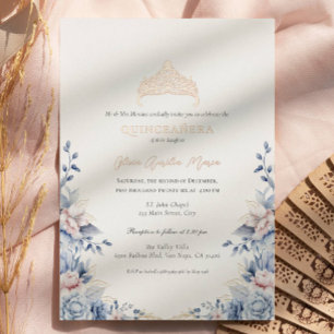 Invitation En Aluminium Elégant Tiara Gold Blue roses Quinceañera