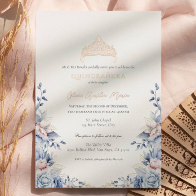 Invitation En Aluminium Elégant Tiara Gold Blue roses Quinceañera (Créateur téléchargé)