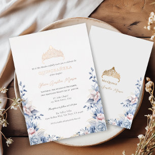 Invitation En Aluminium Elégant Tiara Rose Gold Blue Roses Quinceañera
