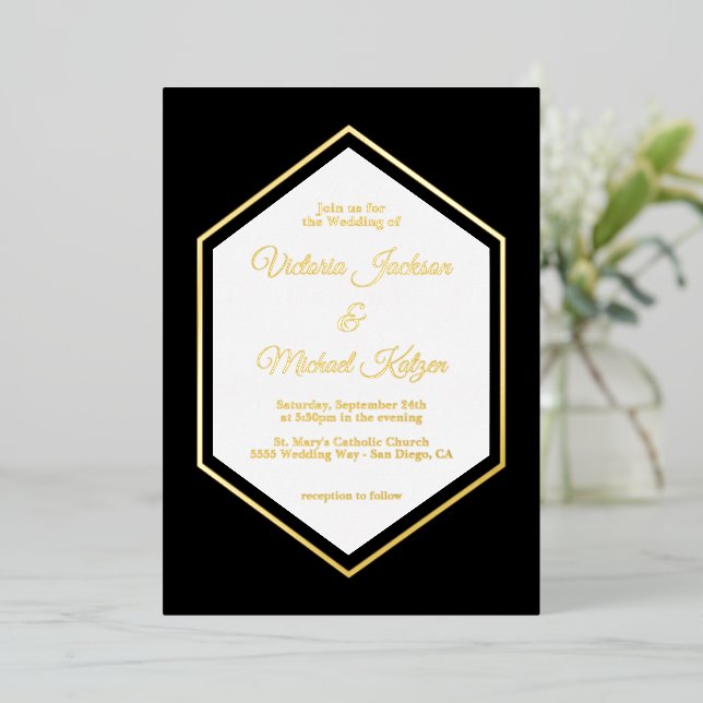 Invitation En Aluminium Élégant traditionnel Black & Gold Foil Mariage Foi (Debout devant)