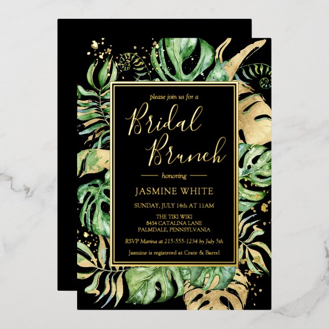 Invitation En Aluminium Elégant Tropical Bridal Brunch Shower Black & Gold (Recto/Verso)