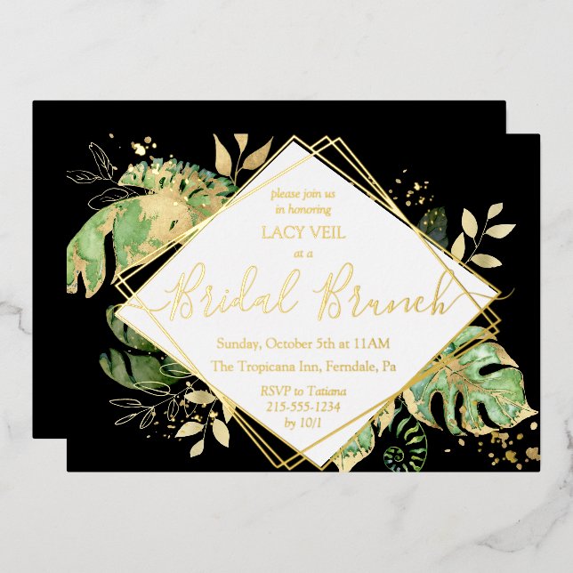 Invitation En Aluminium Elégant Tropical Gold Bridal Brunch Noir & Or (Recto/Verso)