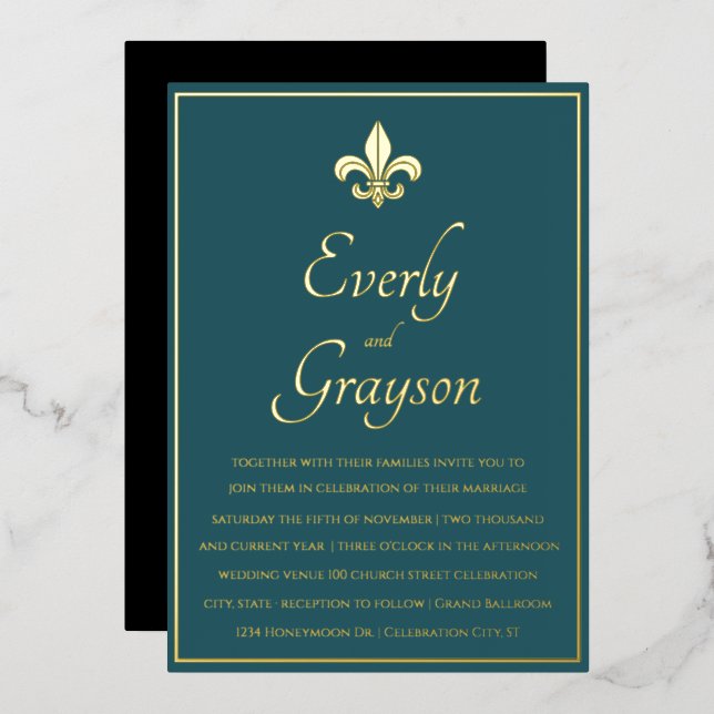 Invitation En Aluminium Elégant Turquoise Blue Gold Fleur De Lis Mariage (Recto/Verso)