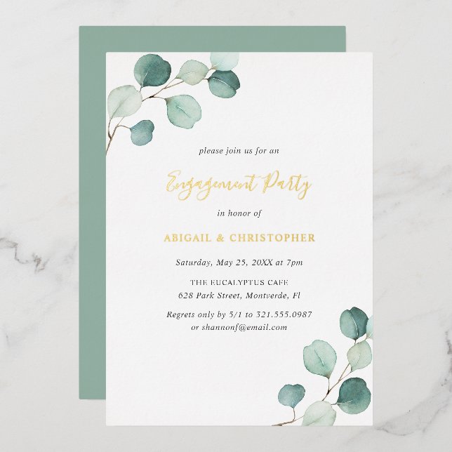 Invitation En Aluminium Elégant Verdure Eucalyptus Engagement Party Gold (Recto/Verso)