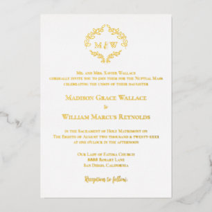 Invitation En Aluminium Élégant Véritable or et blanc Monogram Crest Catho