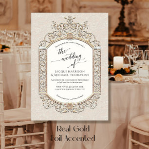 Invitation En Aluminium Élégant Vintage Baroque Défilé Ecru Beige Or