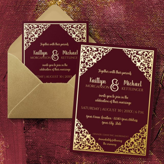 Invitation En Aluminium Élégant Vintage Burgundy Gold Mariage (Créateur téléchargé)