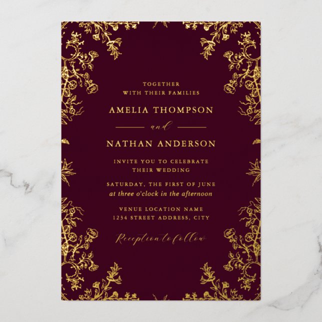 Invitation En Aluminium Élégant Vintage Gold Burgundy Mariage (Recto)