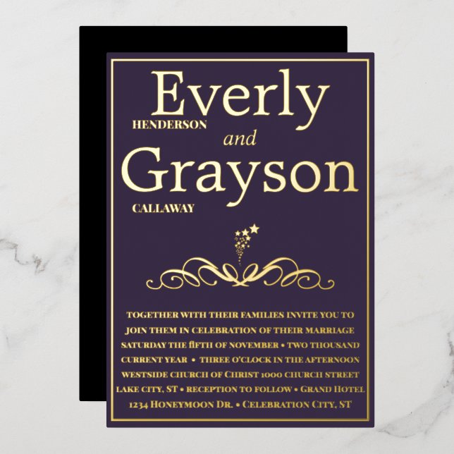 Invitation En Aluminium Élégant violet et Mariage or (Recto/Verso)