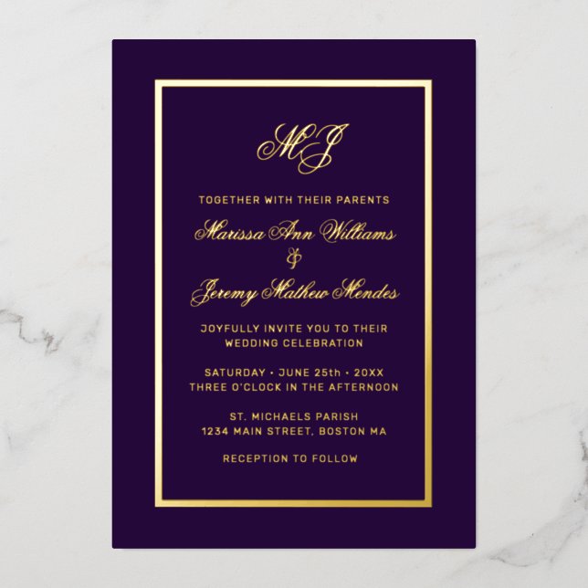 Invitation En Aluminium Élégant violet or Calligraphie Mariage de script (Recto)