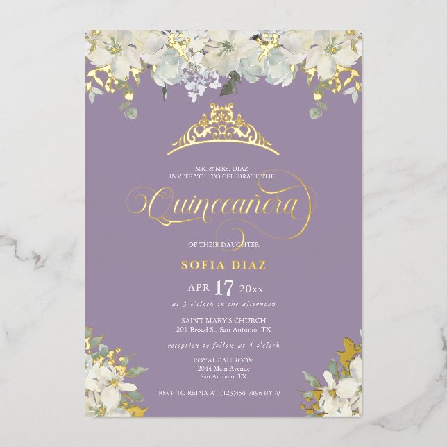 Invitation En Aluminium Elégant violet Quinceañera or floral (Recto)