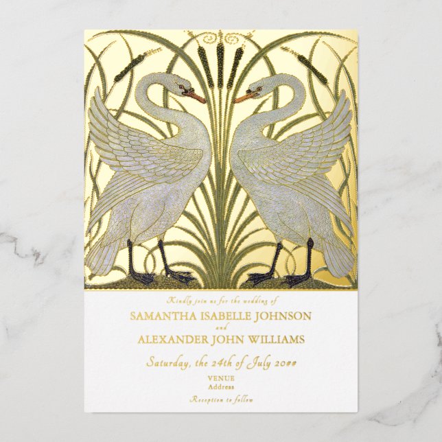 Invitation En Aluminium Elégant Walter Crane Swan Pair Romantique Mariage (Recto)