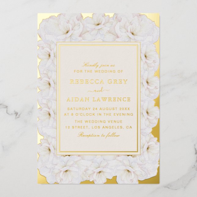 Invitation En Aluminium Elegant White Floral Ivory Gold Border Wedding (Recto)