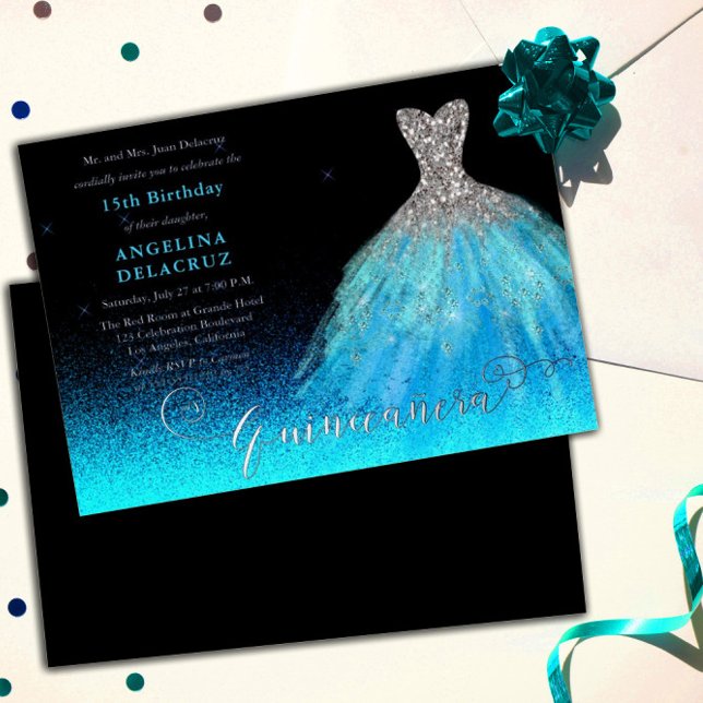 Invitation En Aluminium Elégante Aqua Espagne Gown Quinceañera - Argent (Créateur téléchargé)