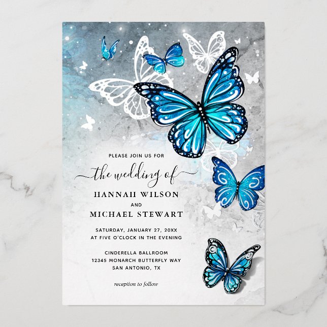 Invitation En Aluminium Elégante aquarelle bleu papillon Mariage réel (Recto)