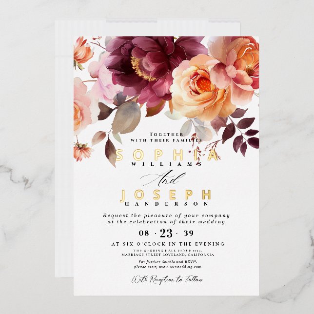 Invitation En Aluminium Elégante aquarelle Bouquet Bourgogne Mariage flora (Enveloppe)