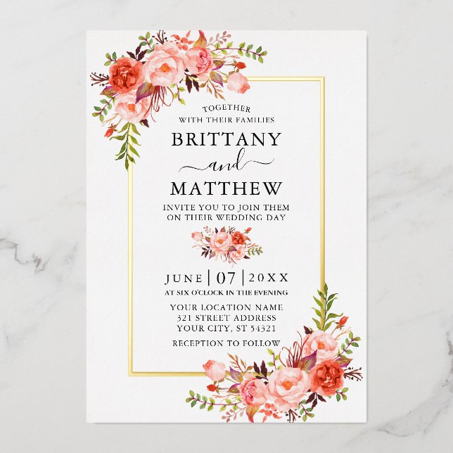 Invitation En Aluminium Elégante aquarelle Coral Floral Mariage Or (Recto)