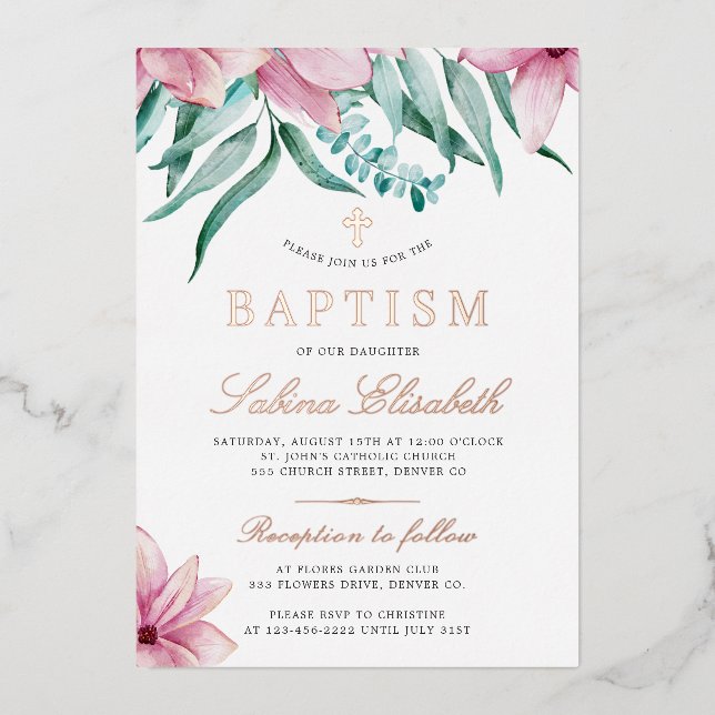 Invitation En Aluminium Elégante aquarelle couleur floral rose baptême cro (Recto)