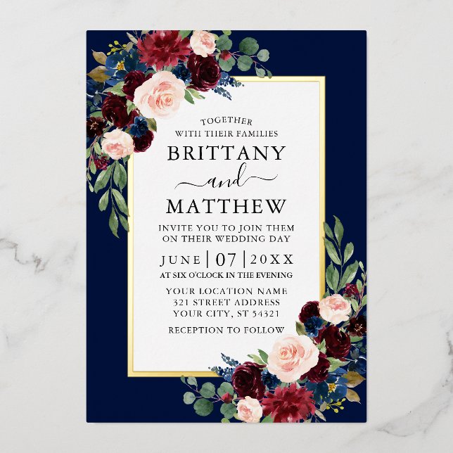 Invitation En Aluminium Elégante aquarelle Floral Mariage Blue Gold (Recto)