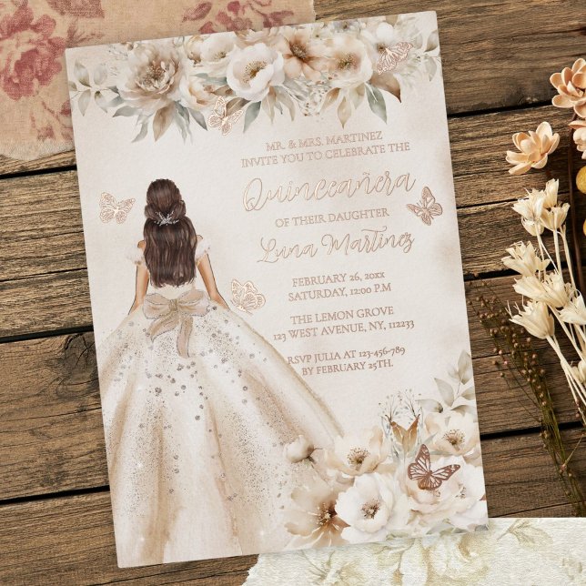 Invitation En Aluminium Elégante aquarelle Florale Quinceañera (rustic personalized quinceanera watercolor floral girl in gown 15th birthday invitation)