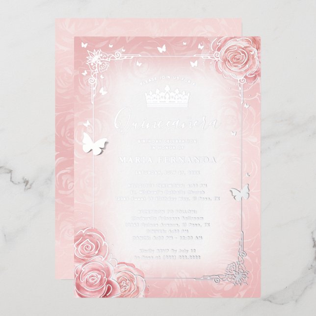 Invitation En Aluminium Elégante aquarelle florale Quinceanera rose clair (Recto/Verso)