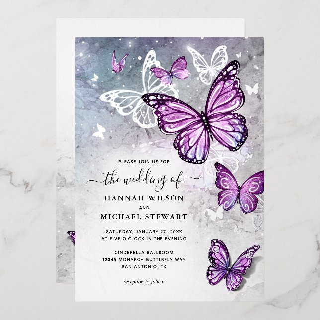 Invitation En Aluminium Elégante aquarelle violet papillon Mariage réel (Recto/Verso)