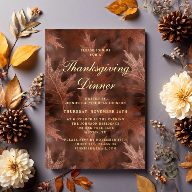 Invitation En Aluminium Élégante Automne Feuilles Thanksgiving Diner Party (Elegant Fall Leaves Thanksgiving Dinner Party Gold Foil Invitation)