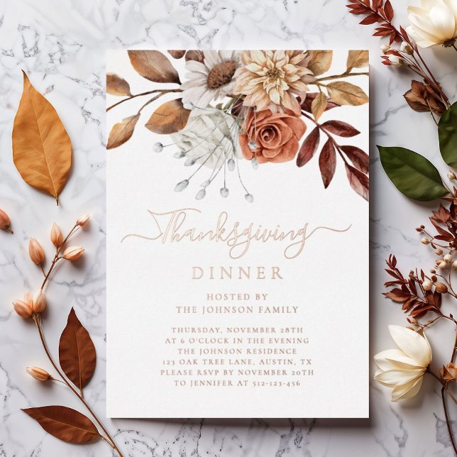 Invitation En Aluminium Elégante Automne Feuilles Thanksgiving Diner Rose  (Elegant Fall Leaves Thanksgiving Dinner Rose Gold Foil Invitation)