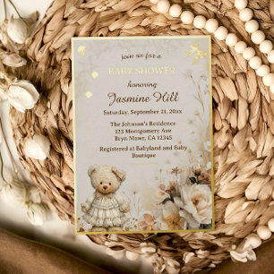 Invitation En Aluminium Élégante Baby Shower Ours en Peluche en Or
