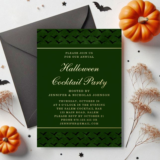 Invitation En Aluminium Élégante Bats verts Halloween Cocktail Party Gold (Elegant Green Bats Halloween Cocktail Party Gold Foil Invitation)