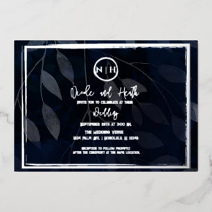 Invitation En Aluminium Élégante botanique sombre mariage bleu marine et a