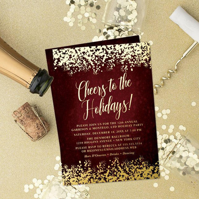 Invitation En Aluminium Elégante Bourgogne avec Gold Confetti Holiday (Holiday Party Invitation with real foil on gold background with confetti, champagne bottle and more.)