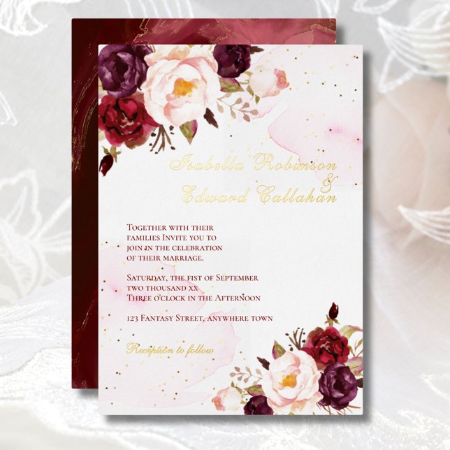 Invitation En Aluminium Elégante Bourgogne & Blush Rose Mariage Gold Foil (Créateur téléchargé)