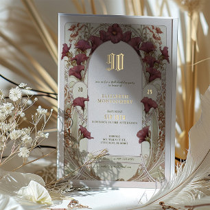 Invitation En Aluminium Elégante Bourgogne Floral 90e anniversaire Foil