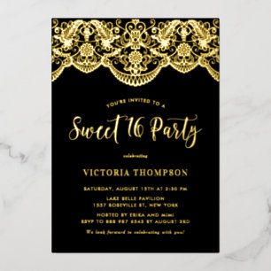 Invitation En Aluminium Elégante Brocade Lace Black Sweet 16 Party