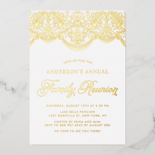 Invitation En Aluminium Elégante Brocade Lace Florale Réunion de famille (Recto)