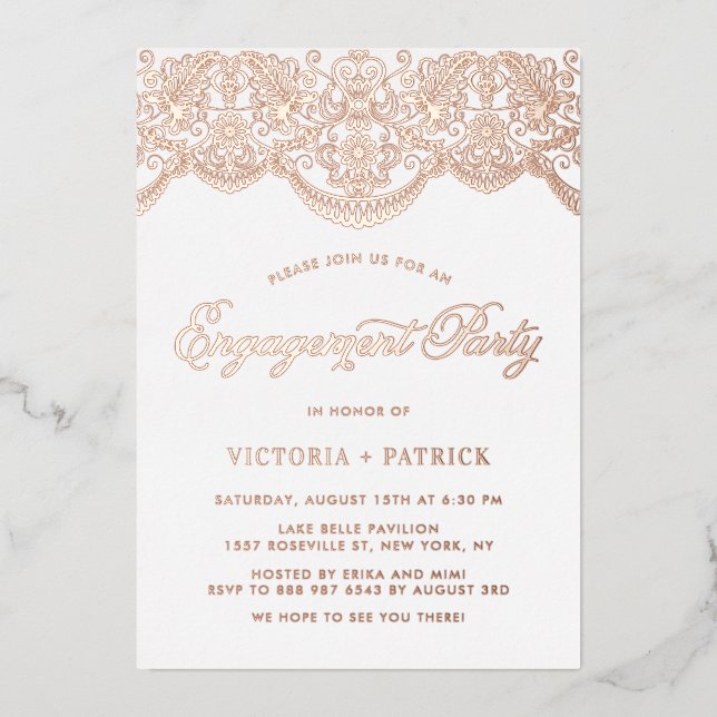Invitation En Aluminium Elégante Brocade Lace Rose Gold Engagement Party (Recto)