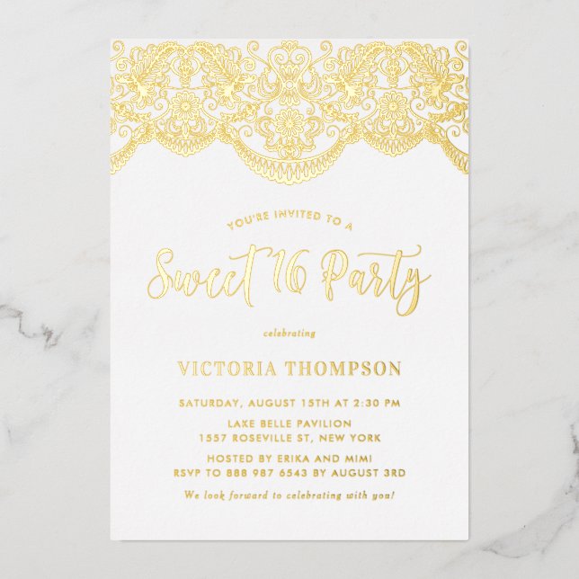 Invitation En Aluminium Élégante Brocade Lace Sweet 16 Party (Recto)