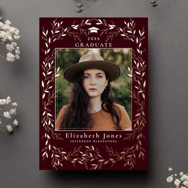 Invitation En Aluminium Élégante Burgundy Wreath Graduation Photo (Créateur téléchargé)