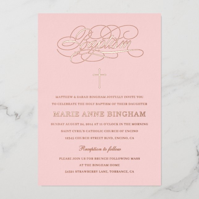 Invitation En Aluminium Élégante calligraphie Baptême Blush Rose Or (Recto)