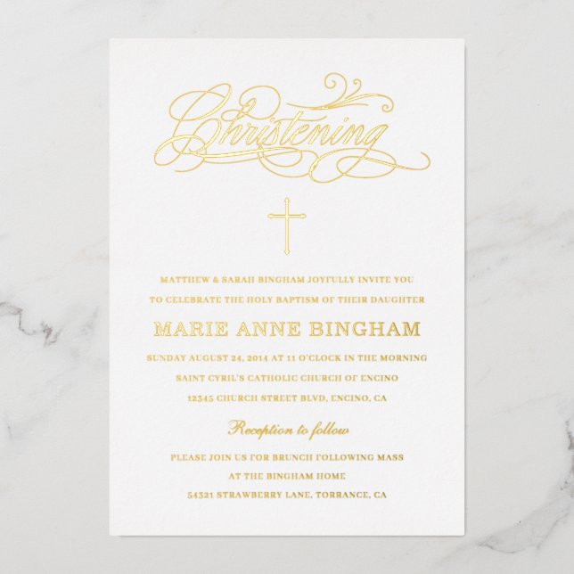 Invitation En Aluminium Élégante calligraphie Christening Gold (Recto)