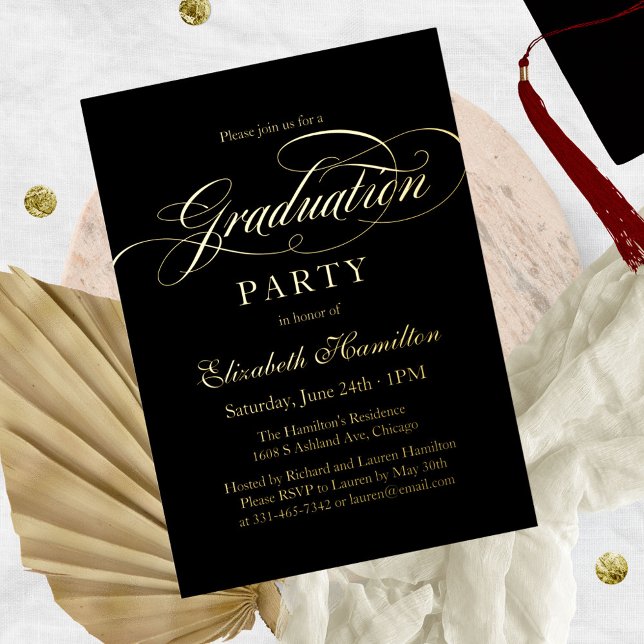 Invitation En Aluminium Élégante Calligraphie Grad Party Noir et Or (Créateur téléchargé)