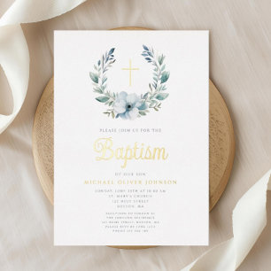 Invitation En Aluminium Élégante couronne Bleue Croix Religieuse Baptême G