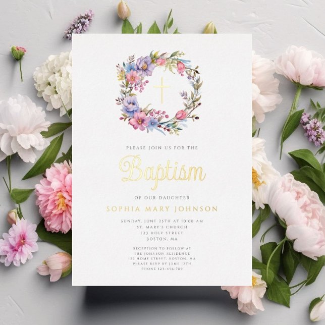 Invitation En Aluminium Élégante couronne Florale Religieuse Fille Baptême (Elegant Floral Wreath Religious Girl Baptism Gold Foil Invitation)