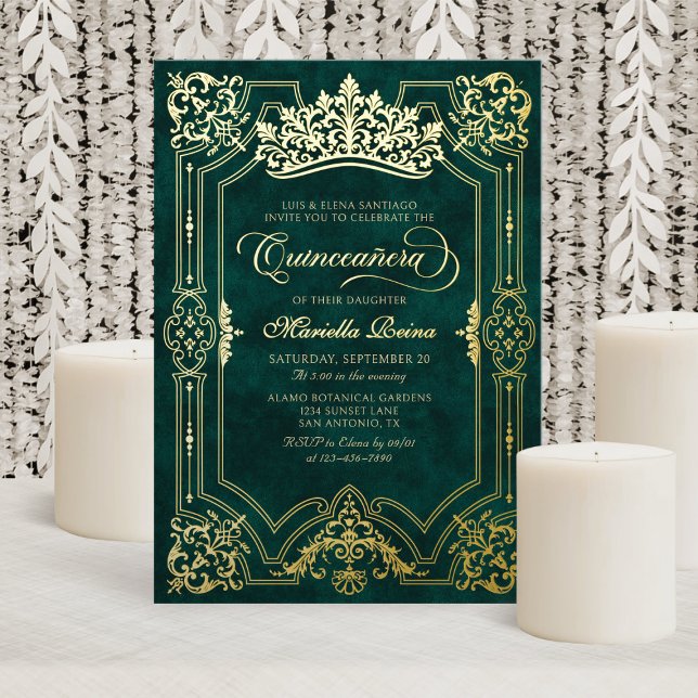 Invitation En Aluminium Elégante Couronne verte Tiara Quinceanera (Créateur téléchargé)