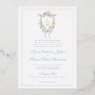 Invitation En Aluminium Élégante crête de couronne fleurie   Mariage monog