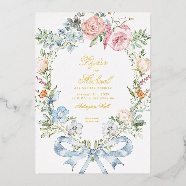 Invitation En Aluminium Élégante crête de couronne fleurie | Mariage monog (Recto)